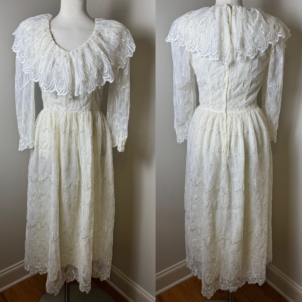 VTG CACHET by Bati Portas 1980s Victorian Revival Lace Midi Dress IVORY / SZ 7/8
